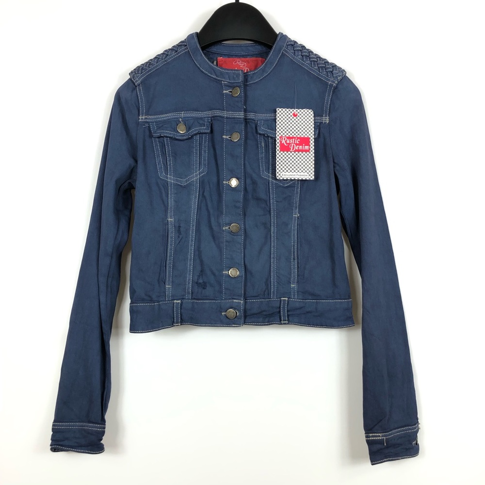 Rustic Denim Distressed Denim Jacket With Woven Leather Shoulder Size M Juniors